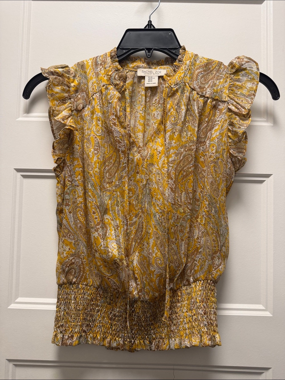 Rachel Zoe Yellow Paisley Ruffle-Sleeve Smocked Hem Blouse